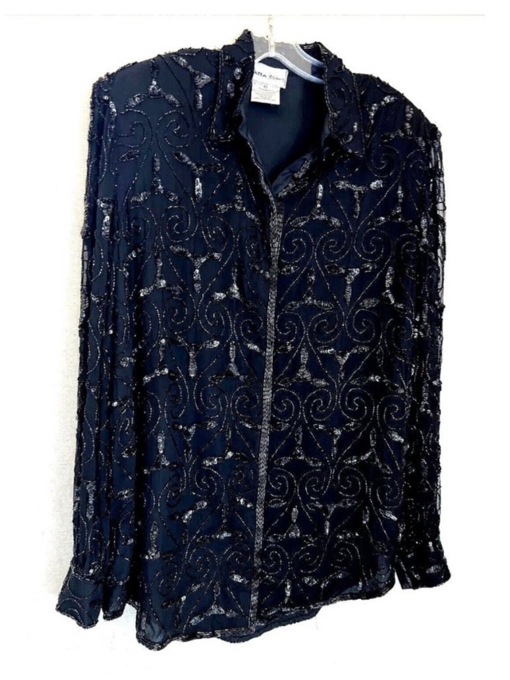 Stenay Navy Blue Beaded Button-Down Blouse